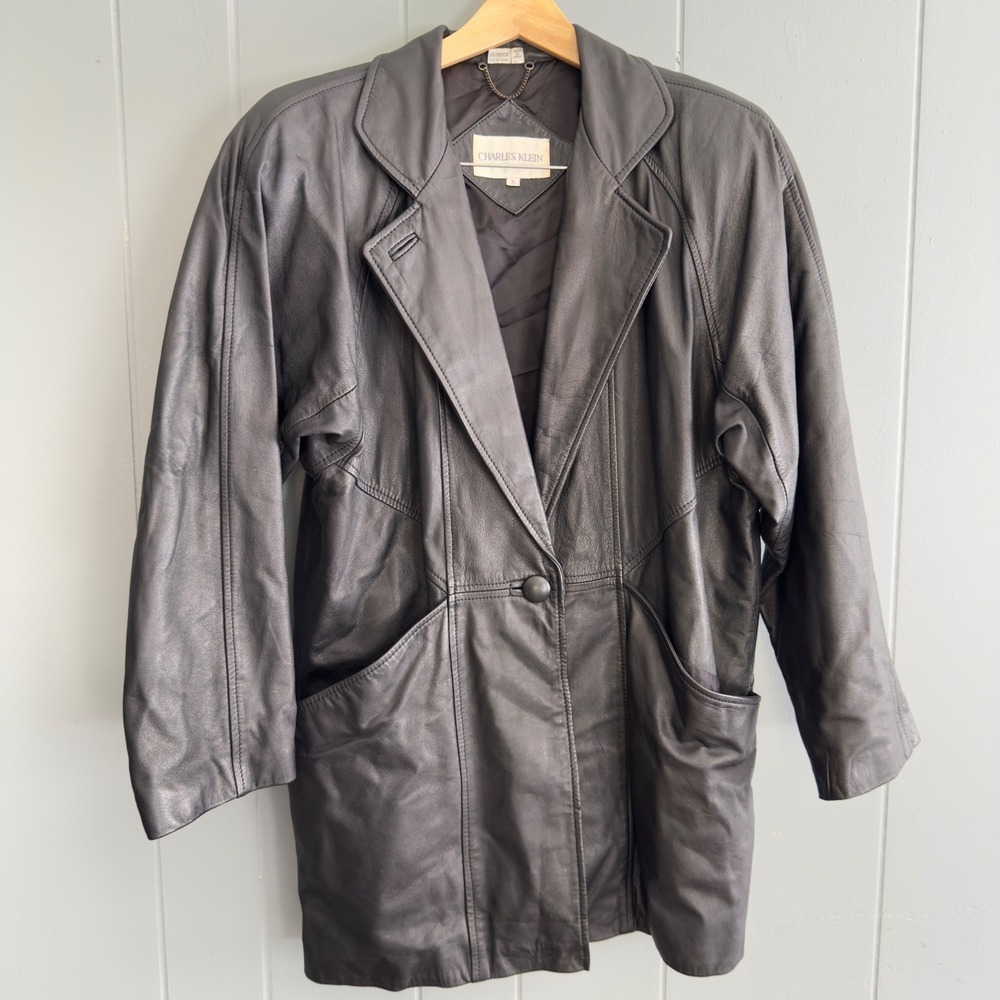 Vintage 80s 90s oversized black leather blazer‎ coat CBK Style Korea patina S
